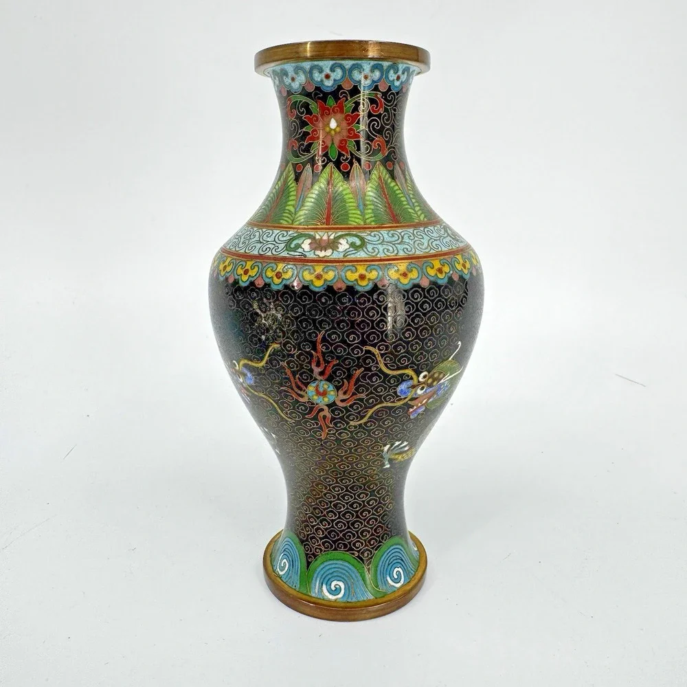 Chinese Cloisonné Floral Vase Double Dragon Black Enameled 6” Vintage Brass Edge